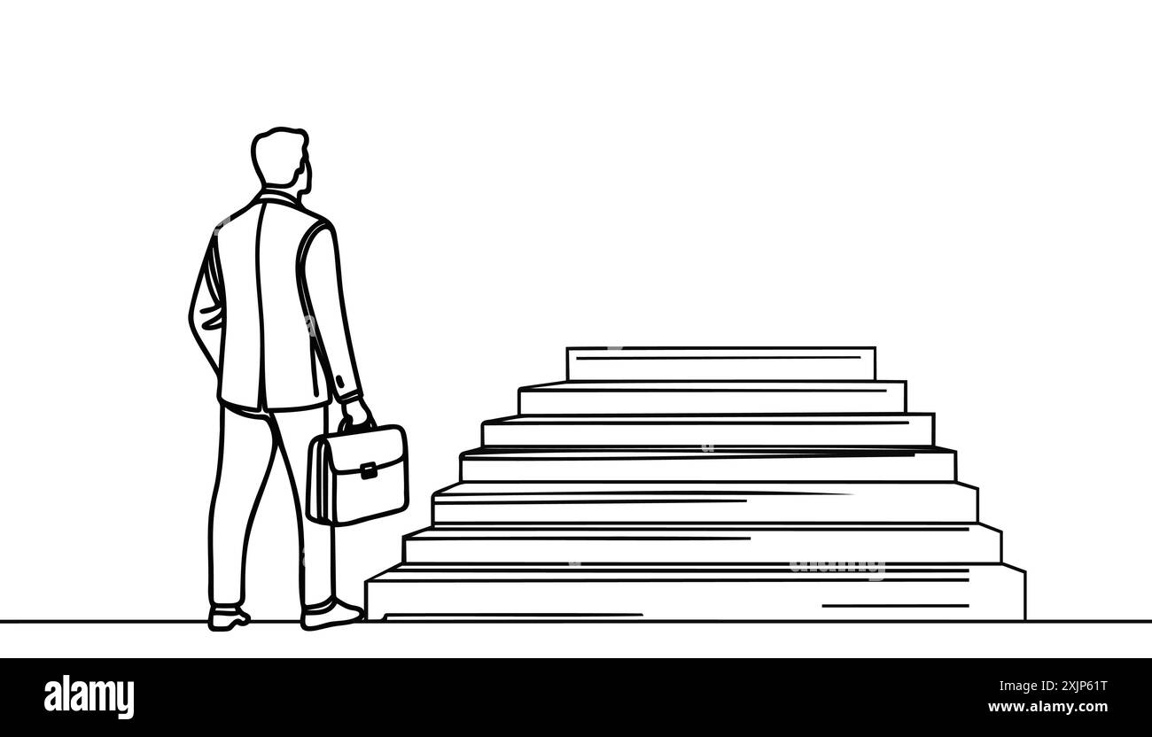 Durchgehende einzeilige Zeichnung. Erreiche das Ziel. Geschäftsmann klettert die Treppe zum Ziel. Konzeptgeschäft. Stock Vektor