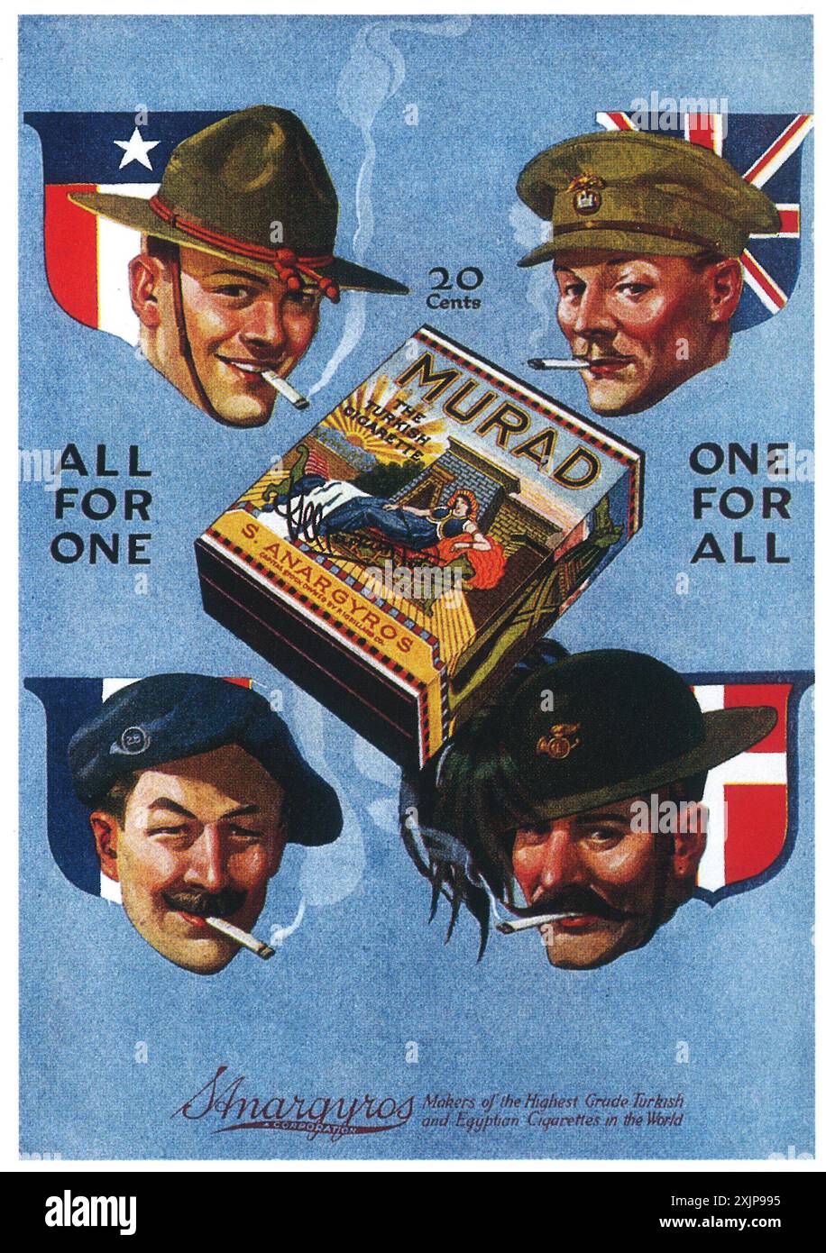 1918 WW1 Murad Zigarettenwerbung - "All for One" - Soldaten militärische Verbündete rauchen Stockfoto