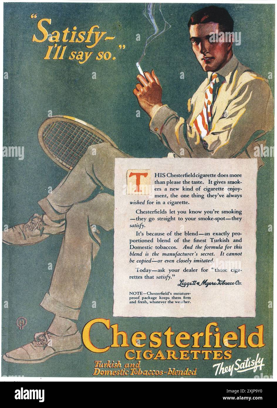 1919 Chesterfield Zigaretten Werbung - Tennisspieler Rauchen Stockfoto