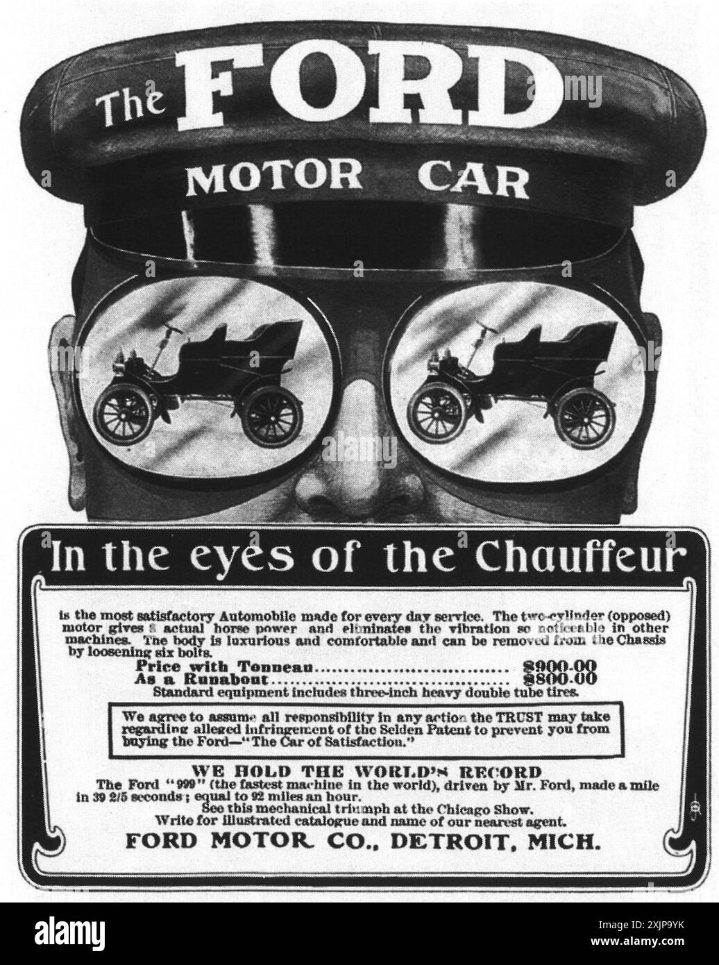 1902 Werbespot für Ford-Autos - „in den Augen des Chauffeurs“ Stockfoto