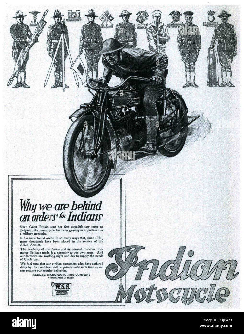 1918 WW1 die indische Motorradwerbung - Hndee Produktionsfirma Springfield ets Stockfoto