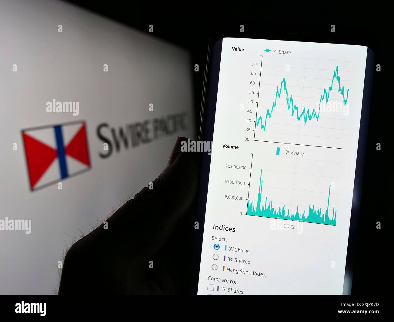 Stuttgart, Deutschland, 07.08.2023: Person, die ein Mobiltelefon hält, mit Website des asiatischen Unternehmens Swire Pacific Limited vor dem Logo auf dem Bildschirm. Konzentrieren Sie sich auf Stockfoto