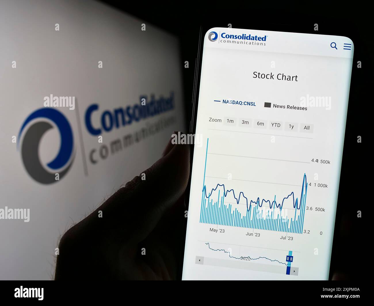 Stuttgart, 15.07.2023: Person, die ein Mobiltelefon hält, mit Webseite der Firma Consolidated Communications Holdings Inc. Auf dem Bildschirm mit Logo. Fokus Stockfoto
