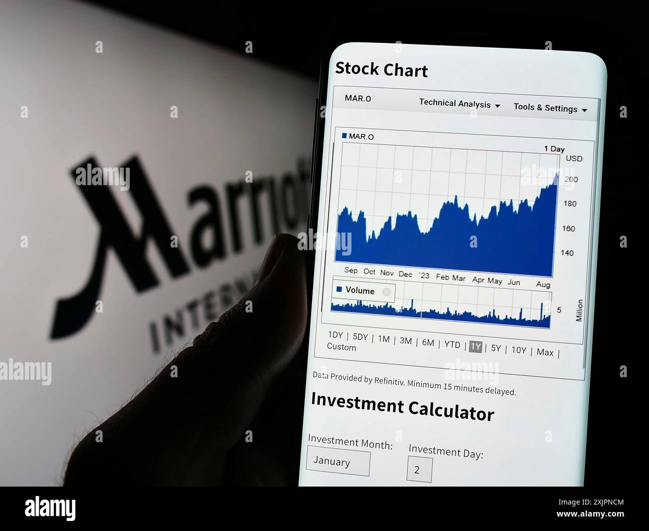 Stuttgart, Deutschland, 08.04.2023: Person, die ein Mobiltelefon hält, mit Webseite des US-amerikanischen Hotelunternehmens Marriott International Inc. Auf dem Bildschirm mit Logo. Konzentrieren Sie sich auf Stockfoto