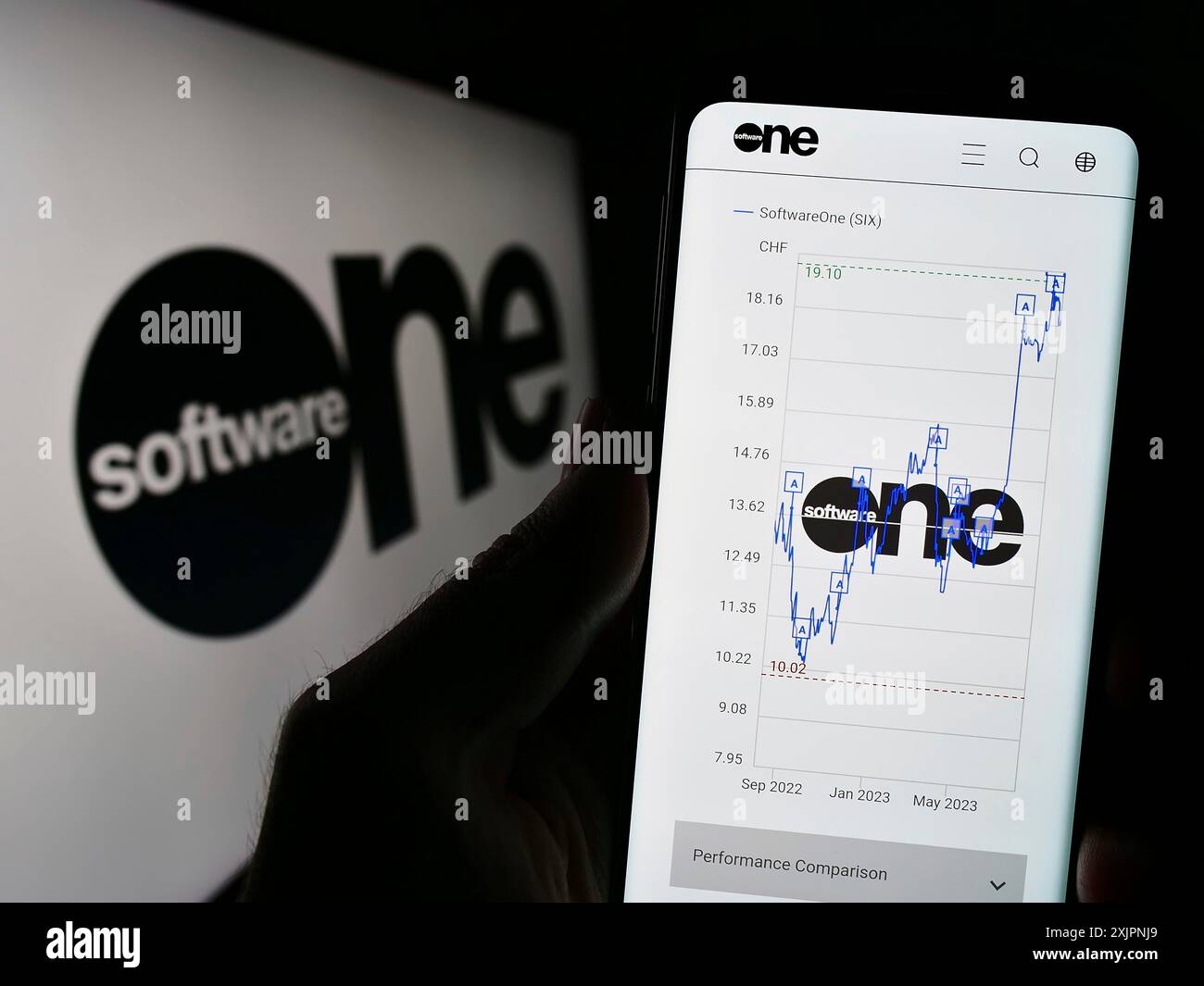 Stuttgart, Deutschland, 08.05.2023: Handybesitzer mit Webseite des Schweizer Softwareunternehmens SoftwareONE AG auf dem Bildschirm vor dem Logo. Konzentrieren Sie sich auf Stockfoto