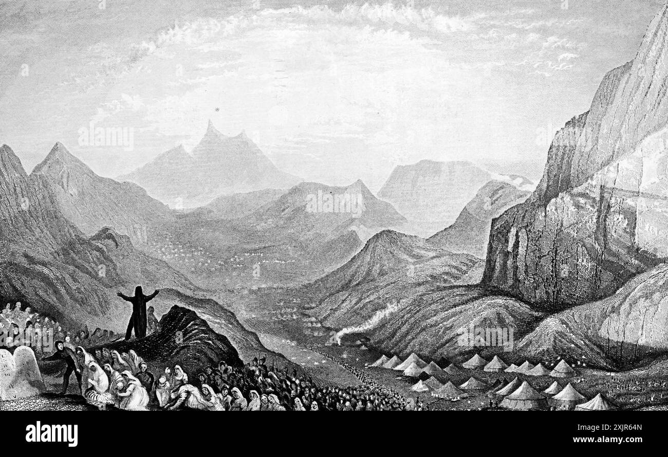 Die Israeliten empfangen die Tafeln der zehn Gebote, im Tal des Sinai, in der Berglandschaft, in der Menge, in den Zelten, im Alten Testament, Bibel Stockfoto