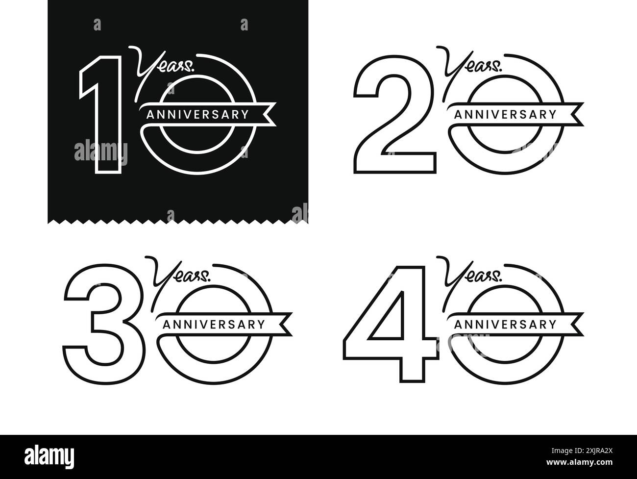 Line Art Doodle des Jubiläums 10, 20, 30, 40 Jahre, Logo-Design auf weißem Hintergrund für den Moment der Feier. Vektorabbildung Stock Vektor