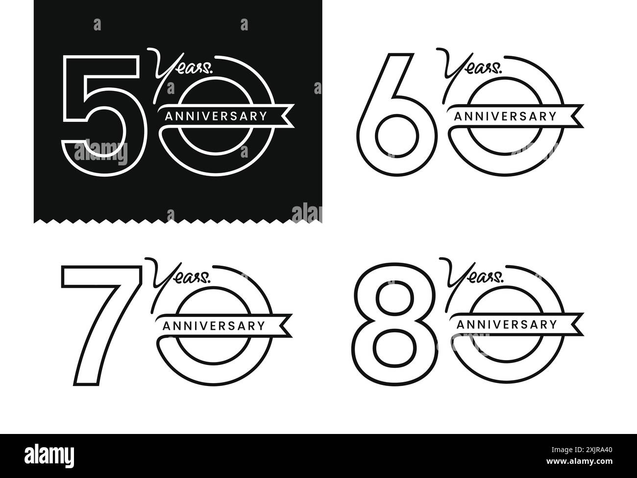 Line Art Doodle of Jubiläum 50, 60, 70, 80 Jahre Logodesign auf weißem Hintergrund für den Moment der Feier. Vektorabbildung Stock Vektor