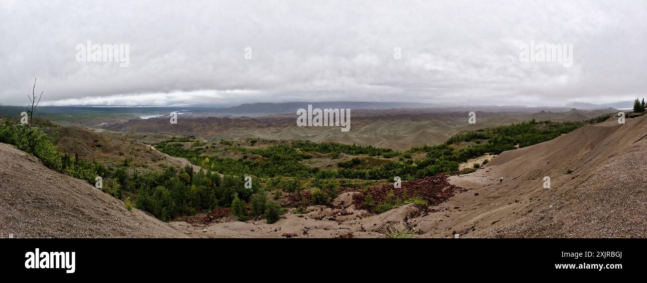 Land und Bäume in der Nähe der Kennecott Mine in Wrangell-St. Elias National Park und Preserve in Alaska an einem Sommertag. Stockfoto