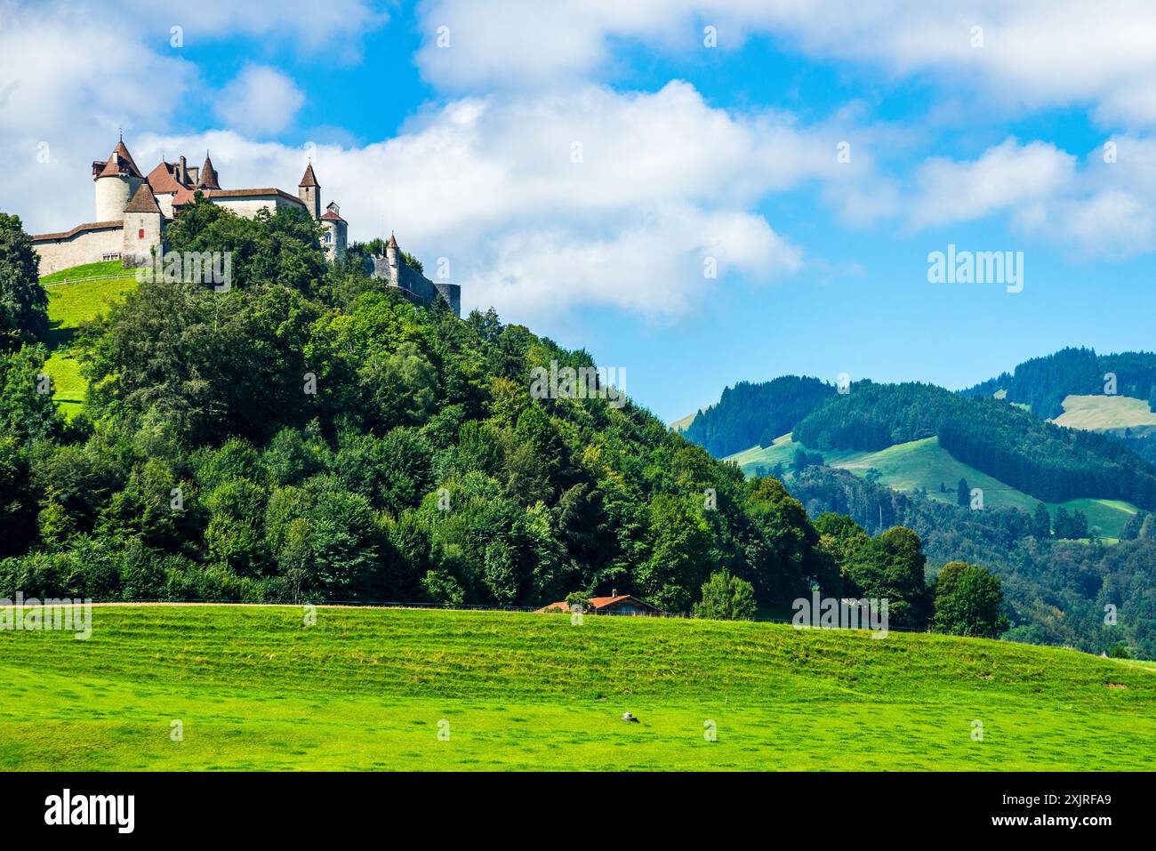 Château de Gruyères: Eine strategische Festung auf einem Hügel inmitten der landwirtschaftlichen Landschaft von Freiburg Stockfoto