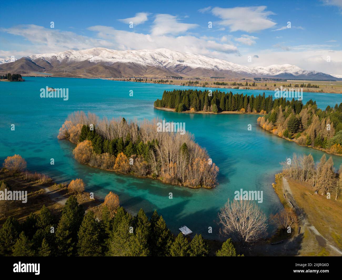 Twizel, Neuseeland: Luftaufnahme des Lake Ruataniwha in der Region Mt Cook in den südlichen alpen auf der Südinsel Neuseelands. Stockfoto