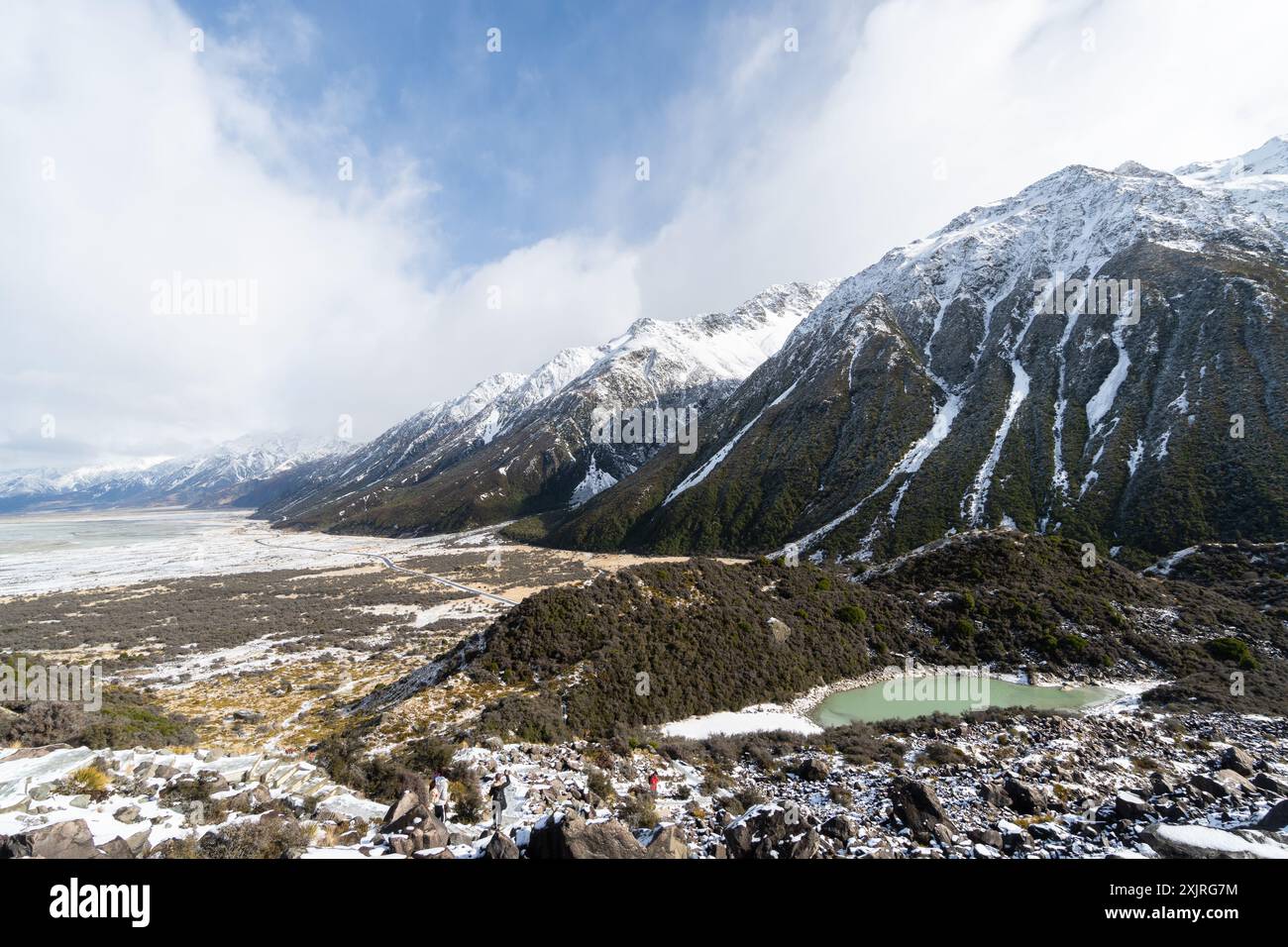 MT Cook, Neuseeland: Blick auf die Region Mt Cook auf dem tasman Lake und Gletscher-kurzer Wanderweg mit dem blauen See auf der Südinsel Neuseelands in WIN Stockfoto