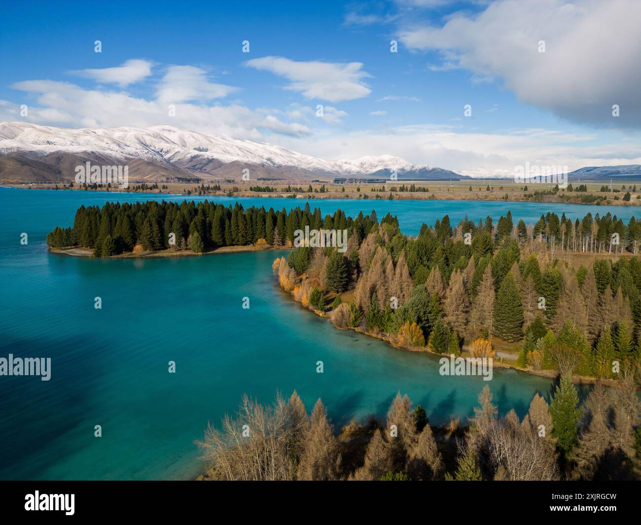 Twizel, Neuseeland: Luftaufnahme des Lake Ruataniwha in der Region Mt Cook in den südlichen alpen auf der Südinsel Neuseelands. Stockfoto