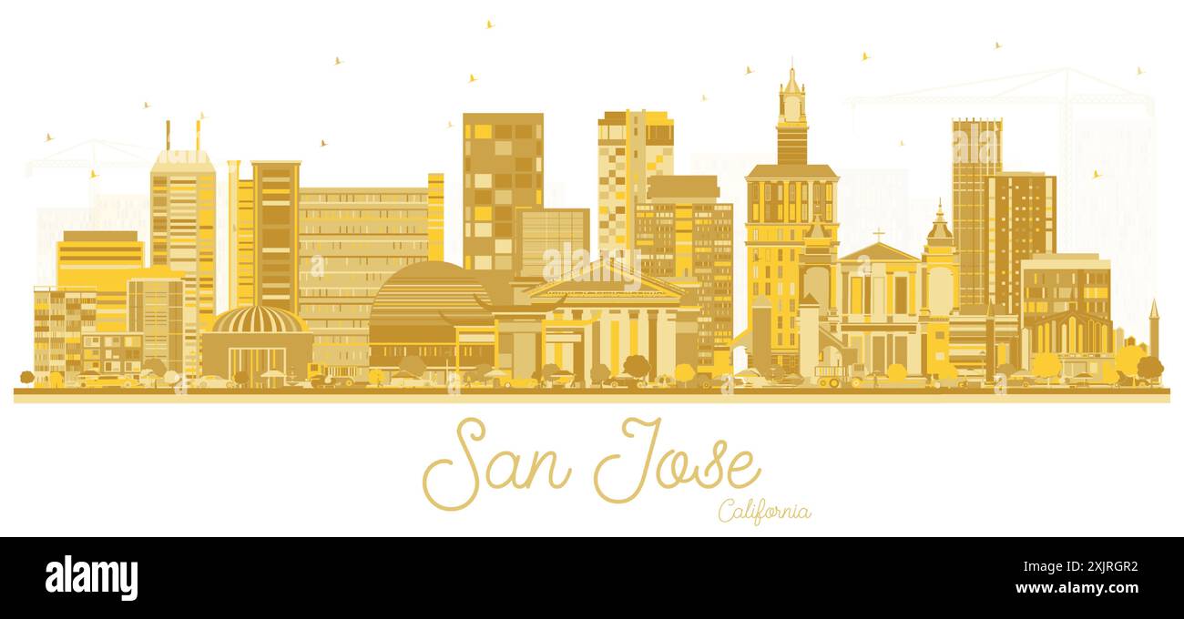 San Jose, kalifornische Skyline mit goldenen Gebäuden, isoliert auf weiß. Vektorabbildung. Stock Vektor