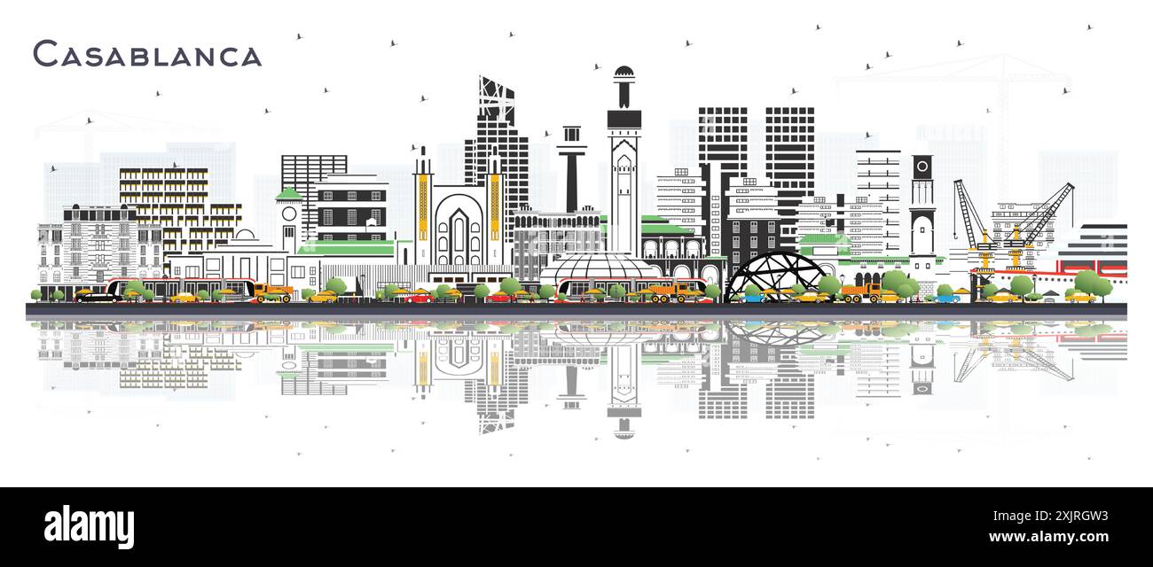 Casablanca Marokko Skyline mit farbigen Gebäuden und Reflexen isoliert auf weiß. Vektorabbildung. Stock Vektor