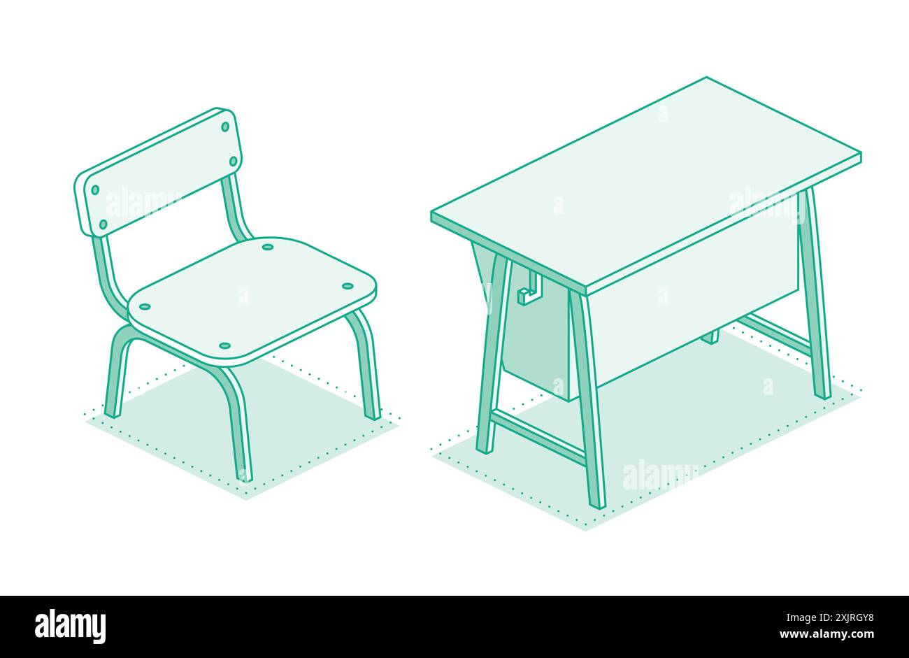 Isometrischer Schreibtisch und Stuhl für die Schule. Vektorabbildung. Konturobjekt isoliert auf weißem Hintergrund. Schulungsraum. Stock Vektor