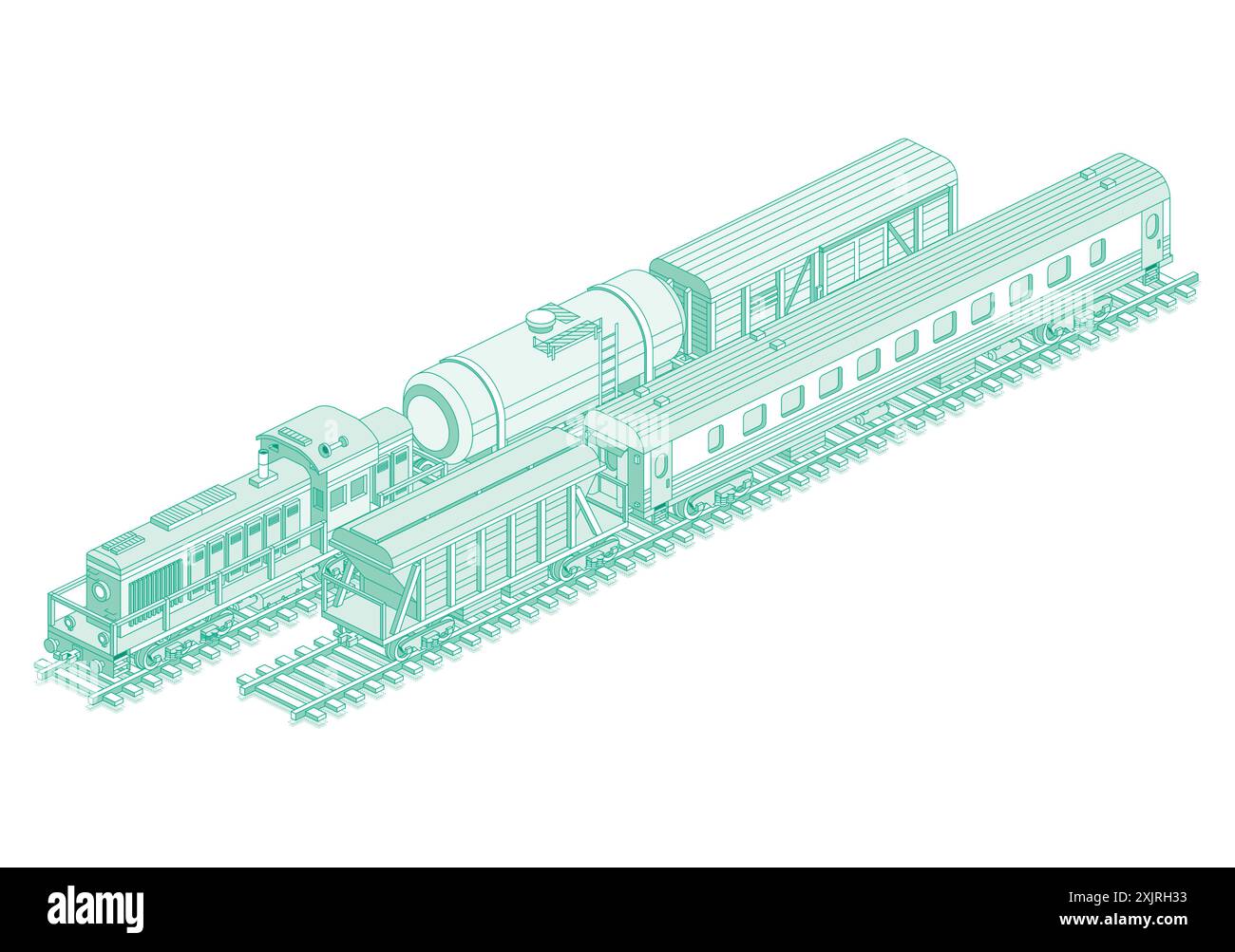 Isometrische Zugmaschine. Lokomotive mit Eisenbahnkesselwagen, Personenzugwagen, Trichterwagen und Güterzugwagen. Vektorabbildung. Eisenbahn. Stock Vektor