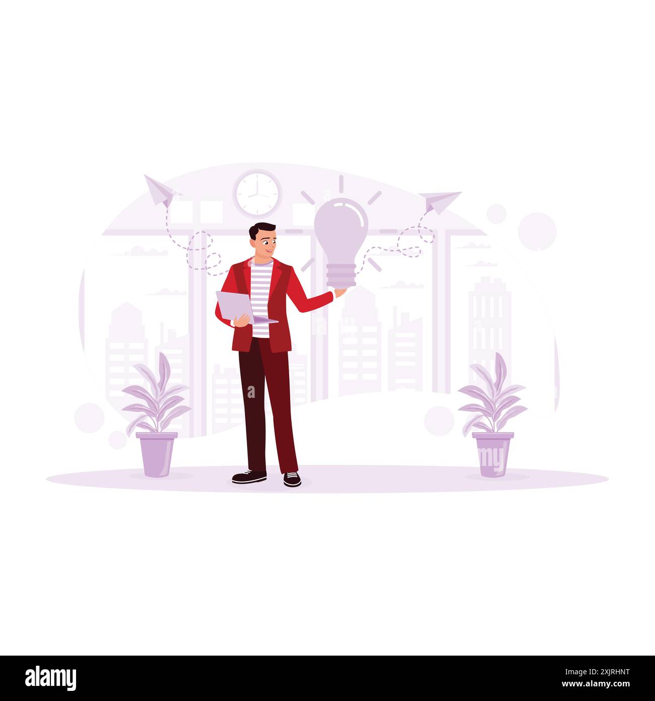 Der junge Geschäftsmann ist mit dem Laptop beschäftigt und denkt über neue Ideen für sein Geschäft nach. Trend Moderne Vektor-flache Illustration. Stock Vektor