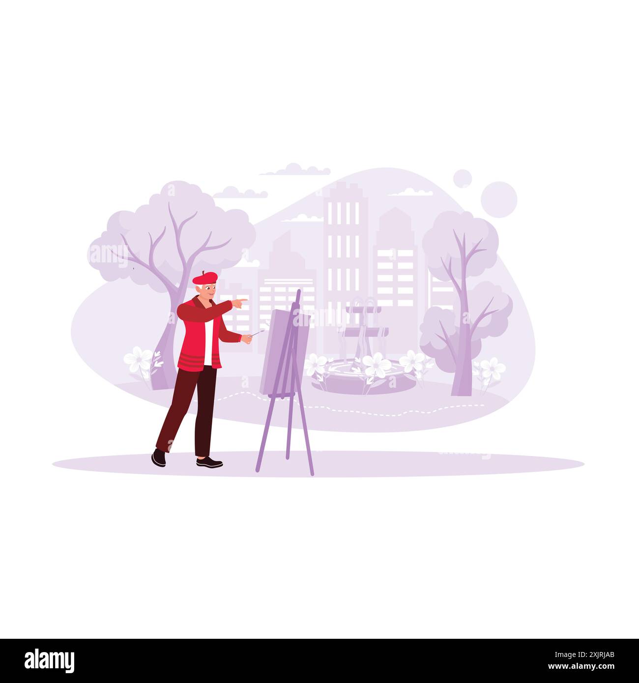 Senior Malerin malte auf Leinwand im wunderschönen Garten. Trend Moderne Vektor-flache Illustration. Stock Vektor
