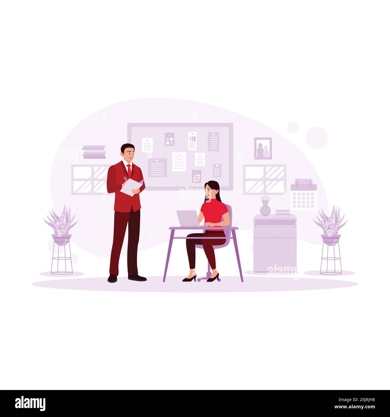 Chef und Mitarbeiter arbeiten ernsthaft im Amt. Trend Moderne Vektor-flache Illustration. Stock Vektor