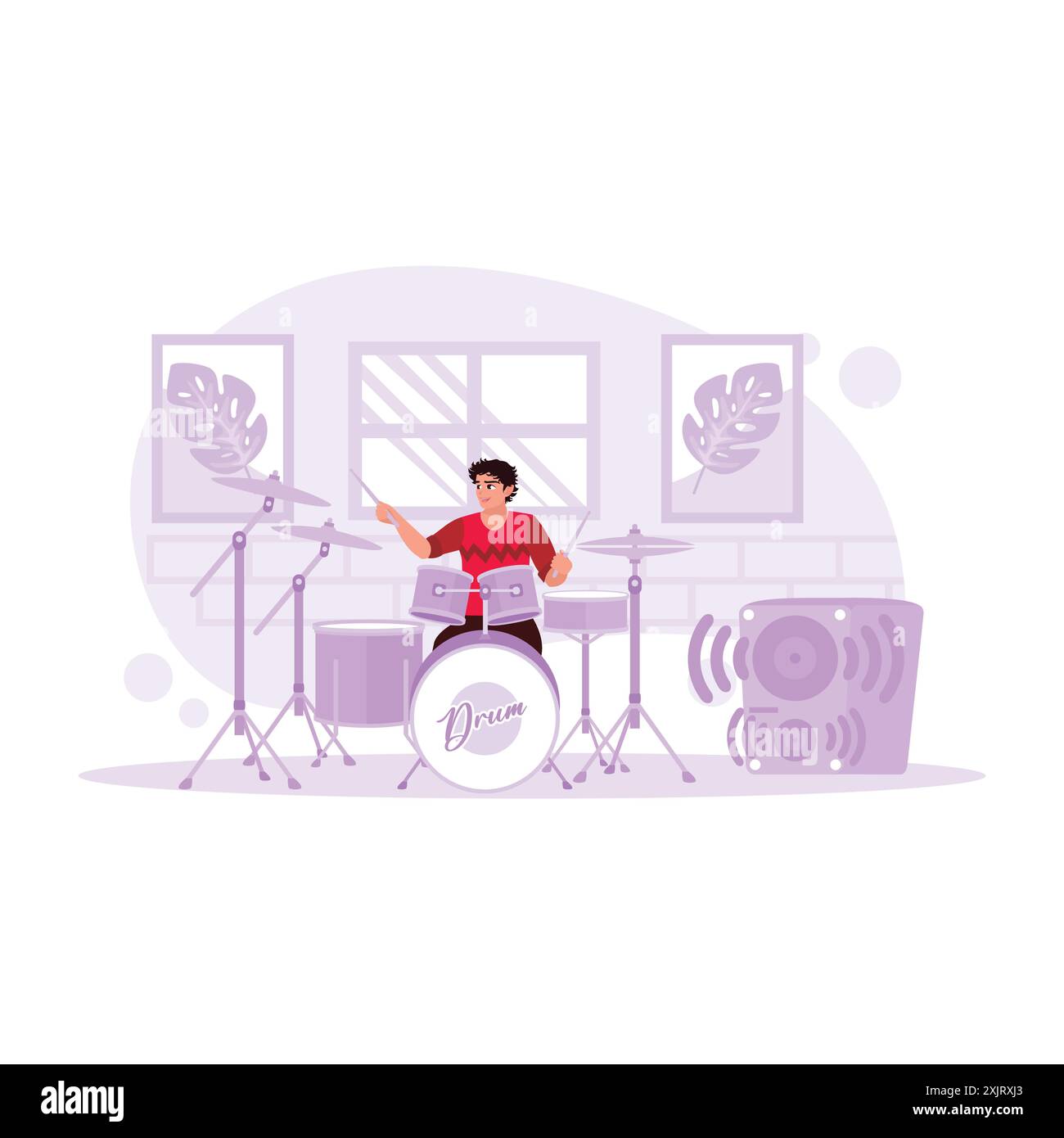 Trommler üben für ein Konzert in einem Musikstudio. Trend Moderne Vektor-flache Illustration. Stock Vektor