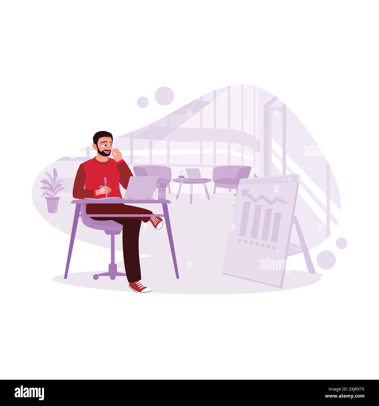 Bärtiger, männlicher Freiberufler, der in einem Café sitzt und an Geschäftsgrafiken auf einem Laptop arbeitet. Trend Moderne Vektor-flache Illustration. Stock Vektor