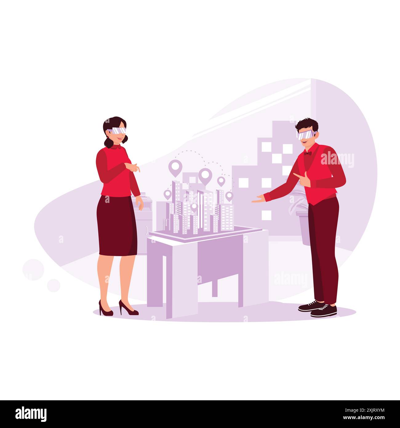 Zwei junge Architekten arbeiteten professionell mit 3D-Modellen und verwendeten Spezialbrillen. Trend Moderne Vektor-flache Illustration. Stock Vektor