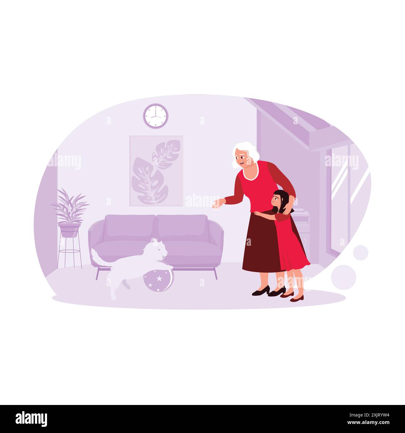 Glückliche Momente, in denen Enkel Großmutter umarmen, Zeit miteinander verbringen und mit Katzen im Wohnzimmer spielen. Trend Moderne Vektor-flache Illustra Stock Vektor