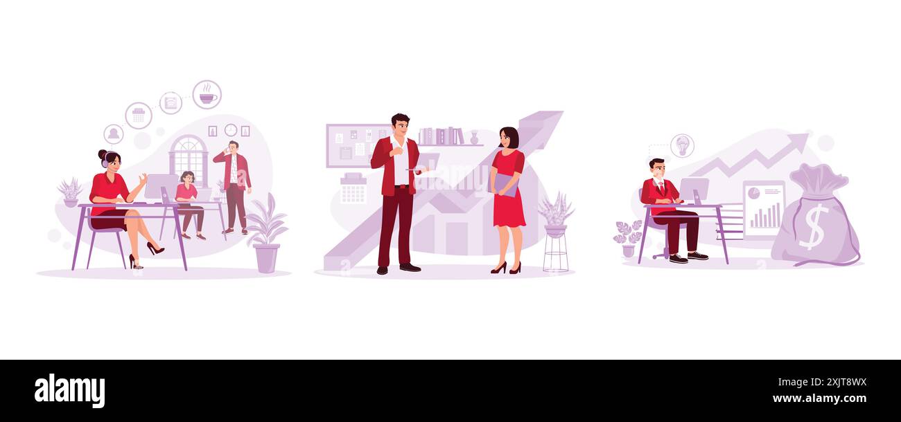 Freundliche junge Arbeiterinnen im Callcenter. Zwei Arbeiter diskutieren im Büro über das Geschäft. Junger Geschäftsmann, der vor einem Lapto arbeitet Stock Vektor