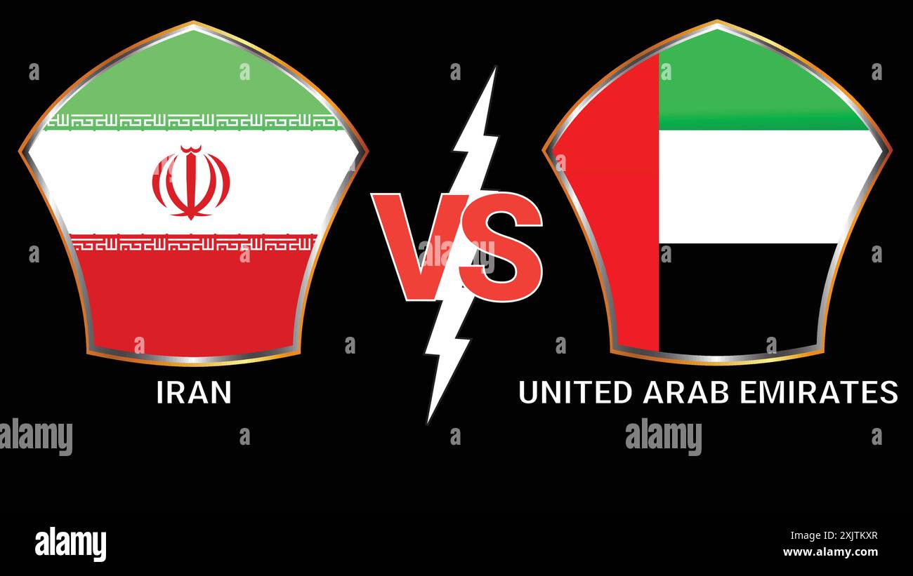 Iran gegen die Vereinigten Arabischen Emirate Fußballspiel mit schwarzem Hintergrund und gegen Flags Stock Vektor