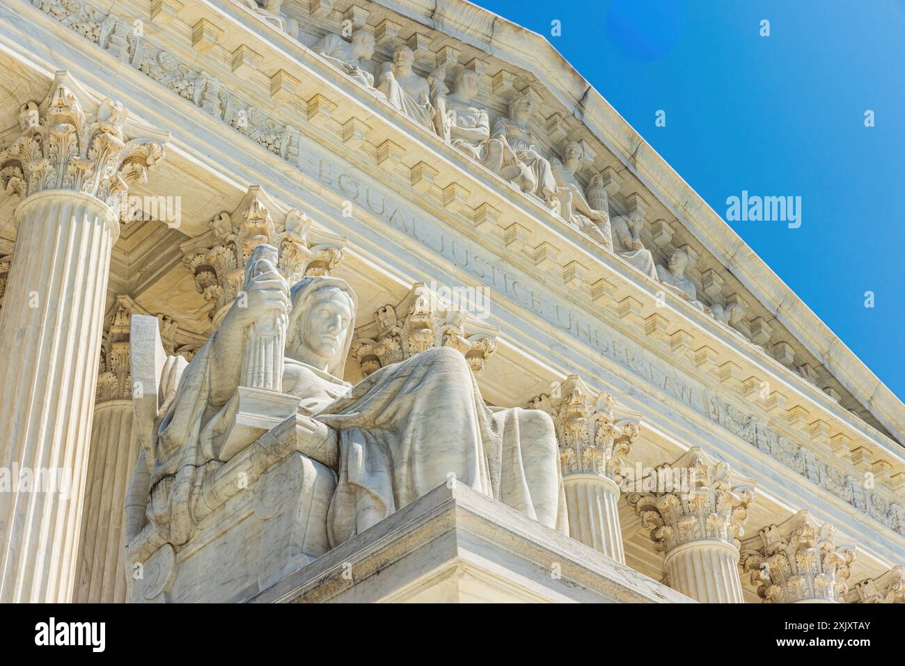Nahaufnahme des Obersten Gerichtshofs der Vereinigten Staaten in Washington DC, USA Stockfoto