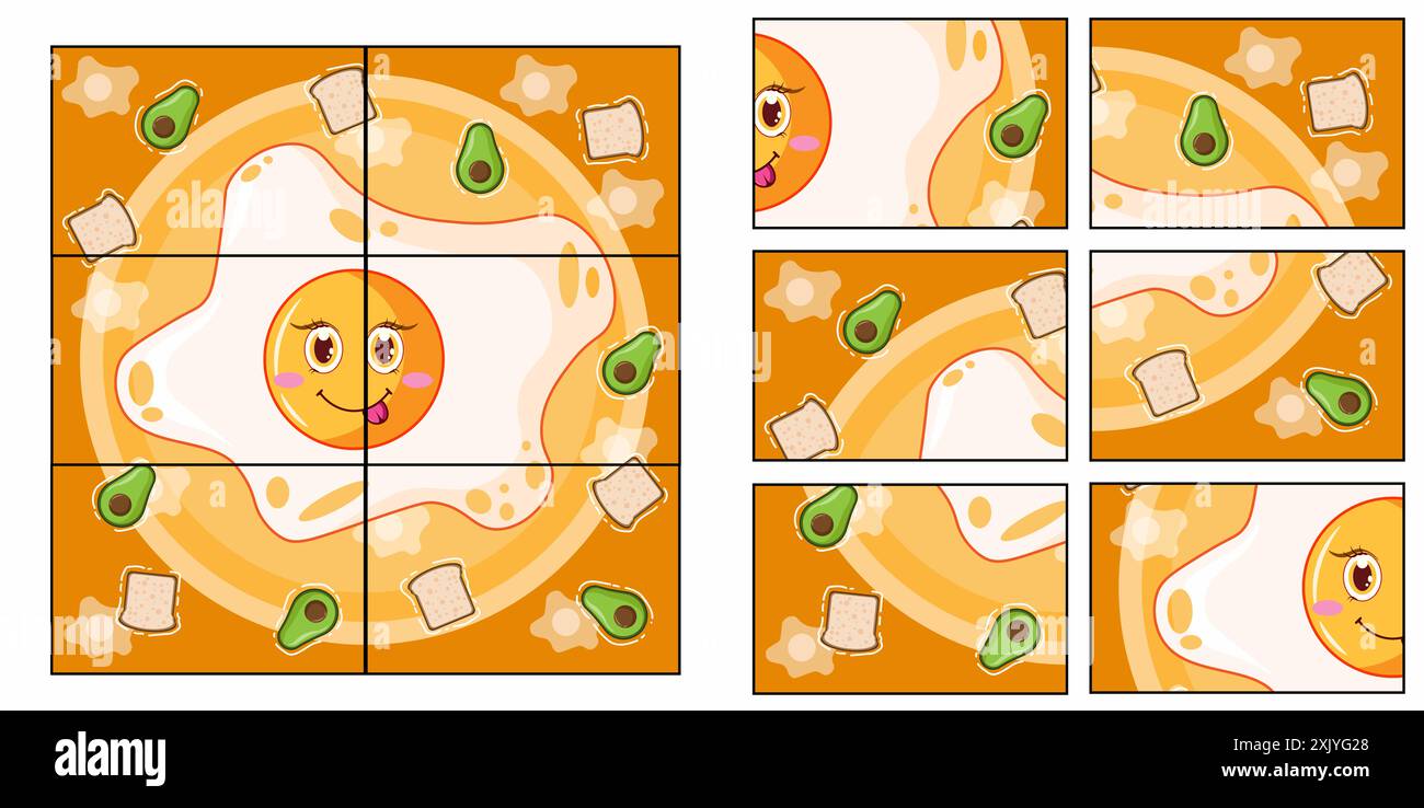 Kinderspiel. Sammeln Sie ein Bild. Puzzlespiel für Kinder. Süßes Happy Spiegelei. Vektor-Zeichentrickfigur Illustration. Karikatur-Flachvektor il Stockfoto