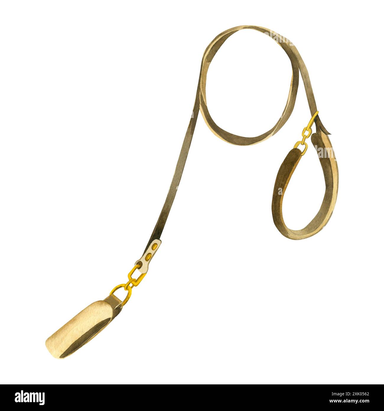 Leine für Hunde. Braune Hundeleine mit goldenen Akzenten. Aquarellabbildung. Alle Objekte sind handbemalt mit Aquarellen. Geeignet zum Drucken Stockfoto