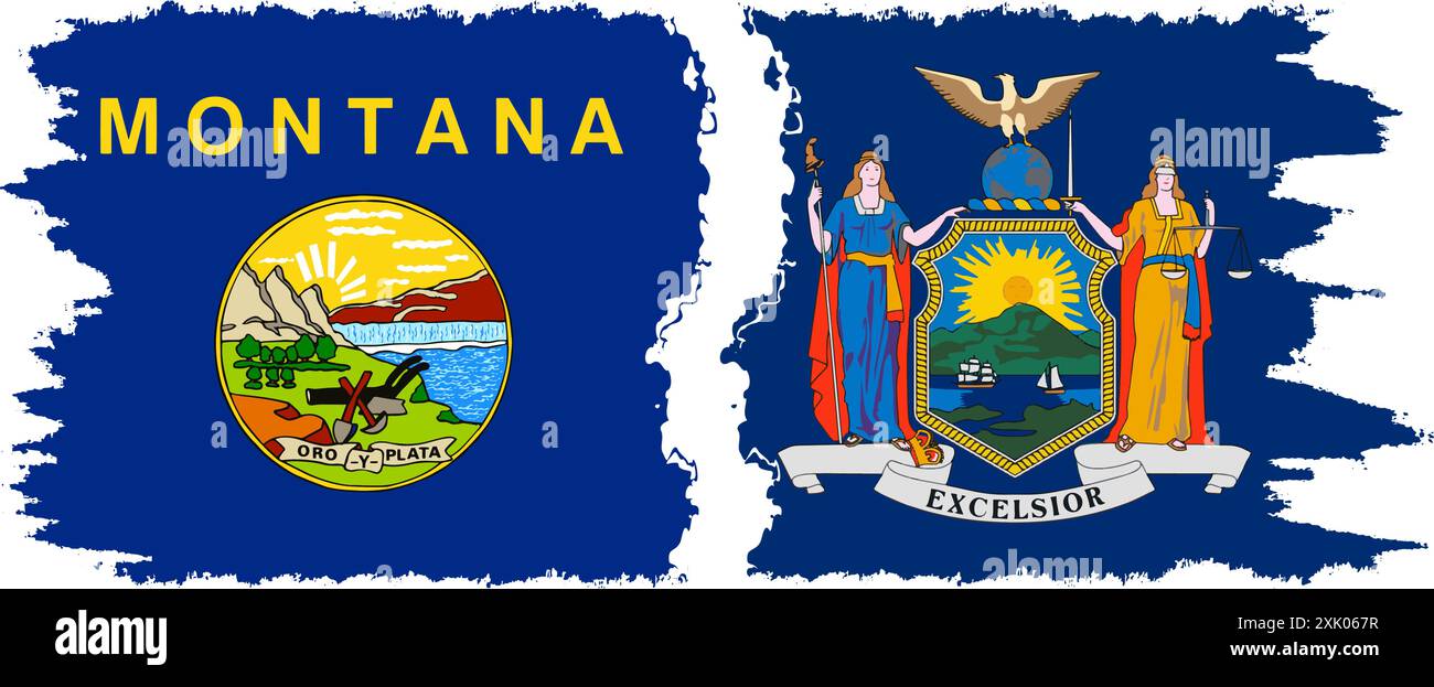 New York und Montana staaten Grunge Pinsel Flags Verbindung, Vektor Stock Vektor