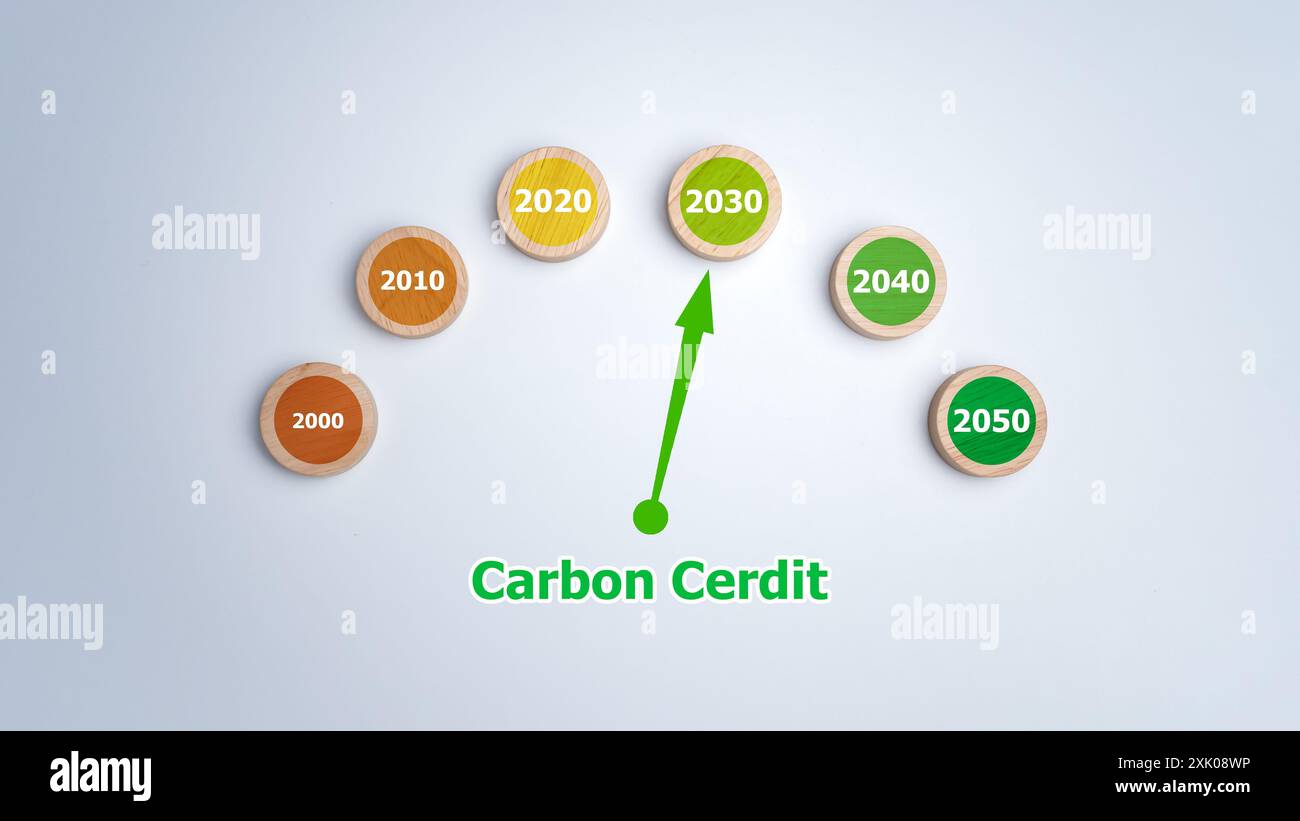 Netto Null bis 2050, Circle Wood Plank with Carbon Credit Text in 2050 on White background, Carbon neutral, Net Zero Greenhouse Gas Emission Target, Cl Stockfoto