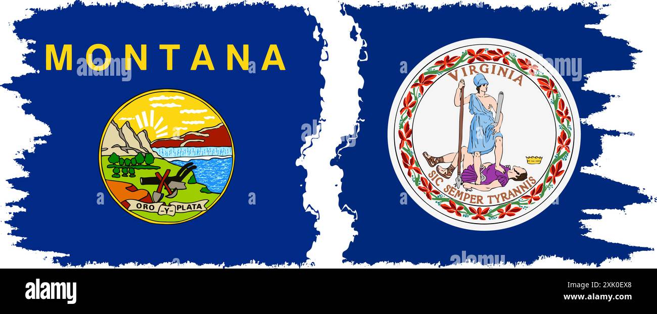 Virginia und Montana staaten Grunge Pinsel Flags Verbindung, Vektor Stock Vektor
