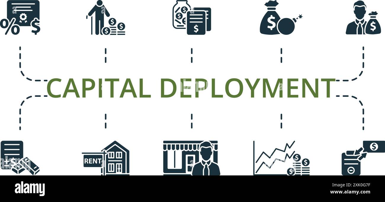 Symbolgruppe „Capital Deployment“. Monochrom Simple Capital Deployment Symbolsammlung. Anleihen, Altersvorsorge, Sparkonten, Risikokapital, Privat Stock Vektor