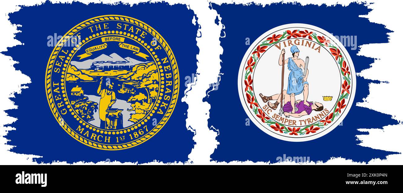 Virginia und Nebraska staaten Grunge Pinsel Flags Verbindung, Vektor Stock Vektor