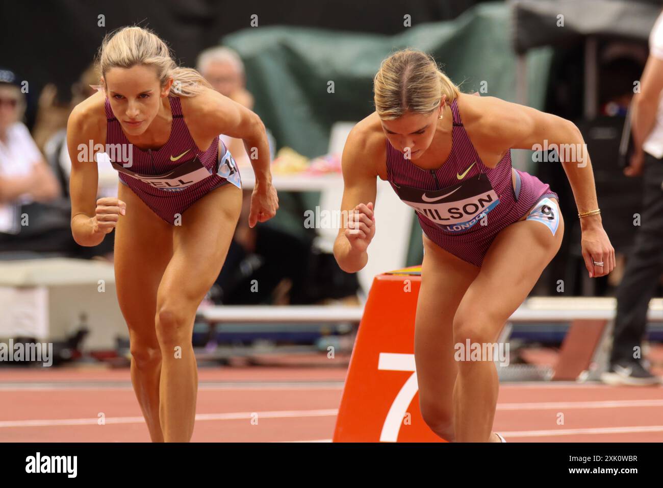 London, Großbritannien. Juli 2024. Georgia BELL (Italien) und Allie WILSON (Vereinigte Staaten von Amerika) treffen sich am Samstag, den 20. Juli 2024, im London Stadium in London, England, im 800 m langen Women Event während der Wanda Diamond League London Athletics. (Claire Jeffrey/SPP) Credit: SPP Sport Press Photo. /Alamy Live News Stockfoto