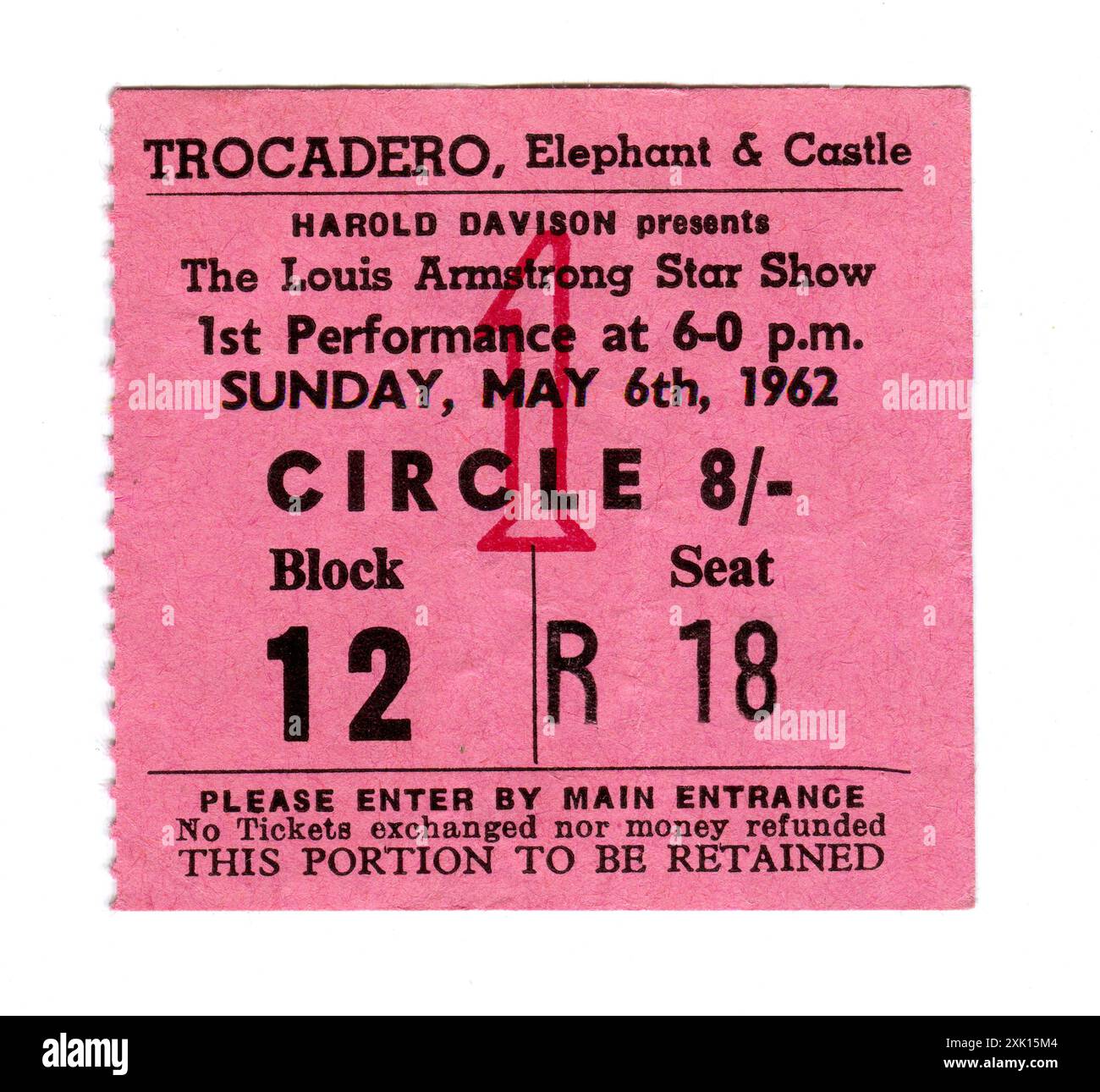 London. 1962 - Ein klassisches Jazz-Konzert-Ticket für die Louis Armstrong Star Show, die am Sonntag, den 6. Mai 1962, im Trocadero, Elephant & Castle, London stattfindet. Das Konzert wurde vom Musikagenten Harold Davidson organisiert. Stockfoto