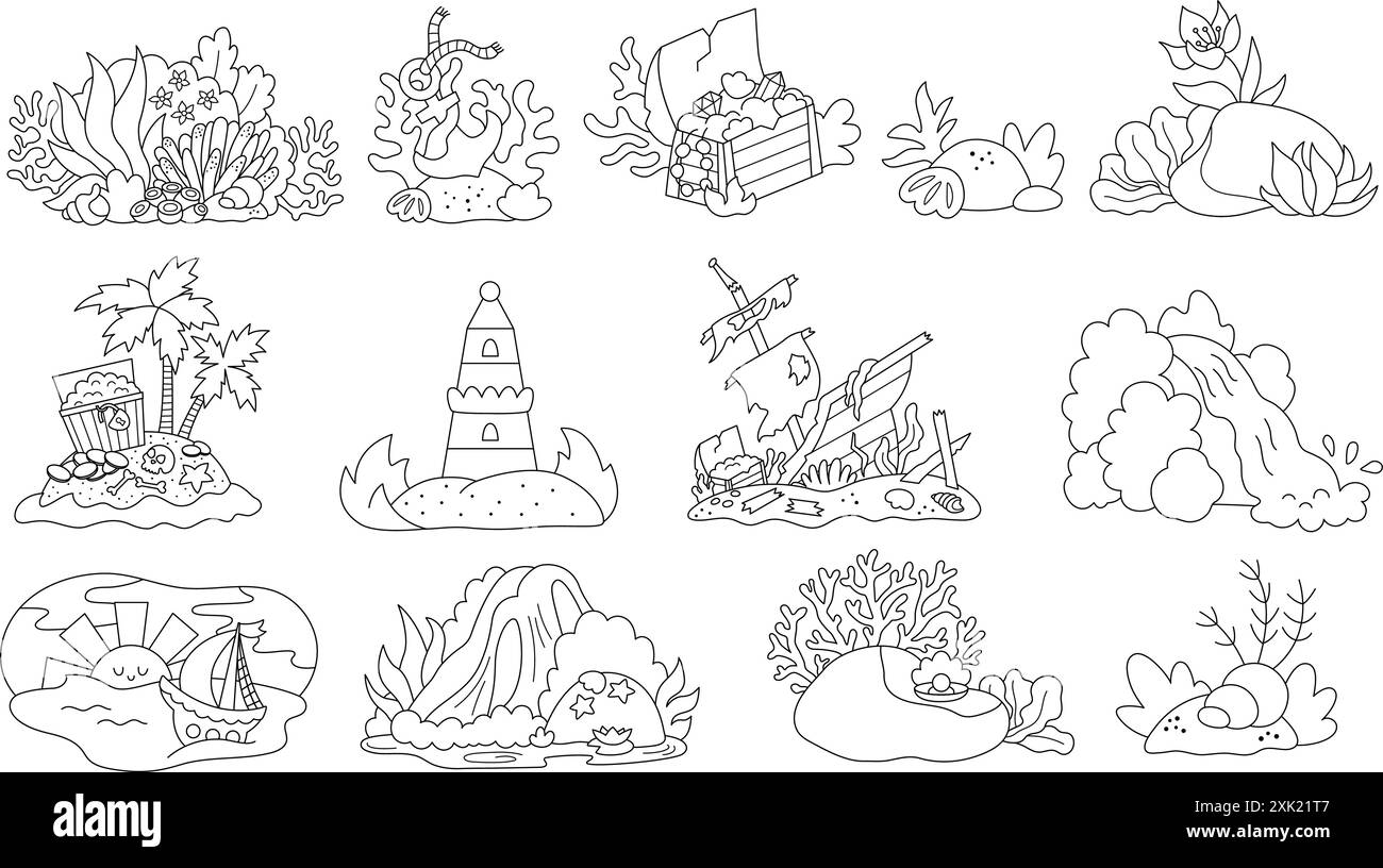 Vektorschwarz-weiß Marine Komposition Set mit Schiff, Schatzkiste, verlassene Insel. Mermaid, Pirate, Sea Adventure Concept Kollektion. Ozean und Stock Vektor