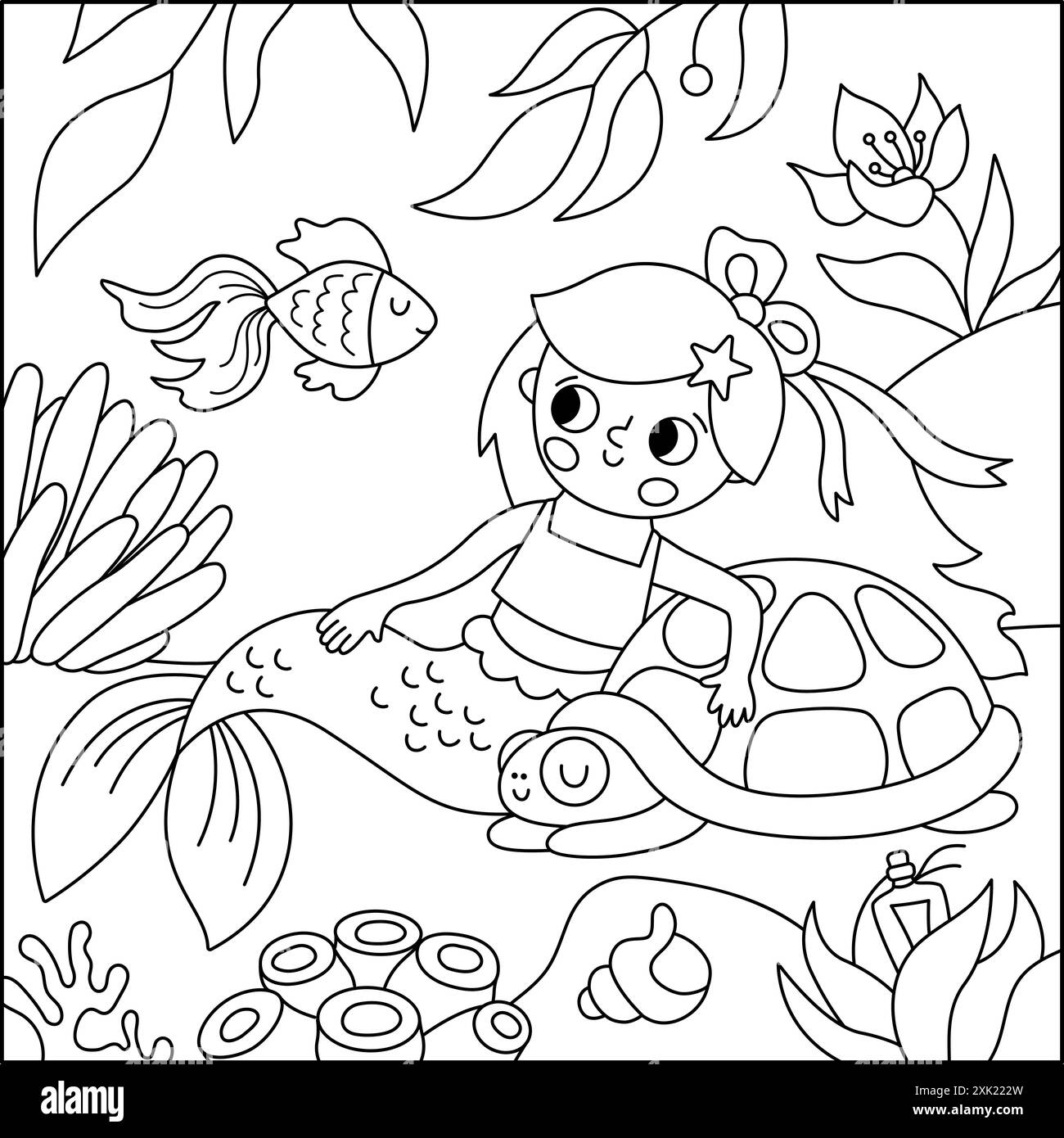 Vektor-Schwarz-weiß-Landschaft Illustration mit Meerjungfrau, die auf Sand sitzt, umarmt Schildkröte. Ozean, Meereskönigslinie Szene mit Algen, Fischen, marin Stock Vektor