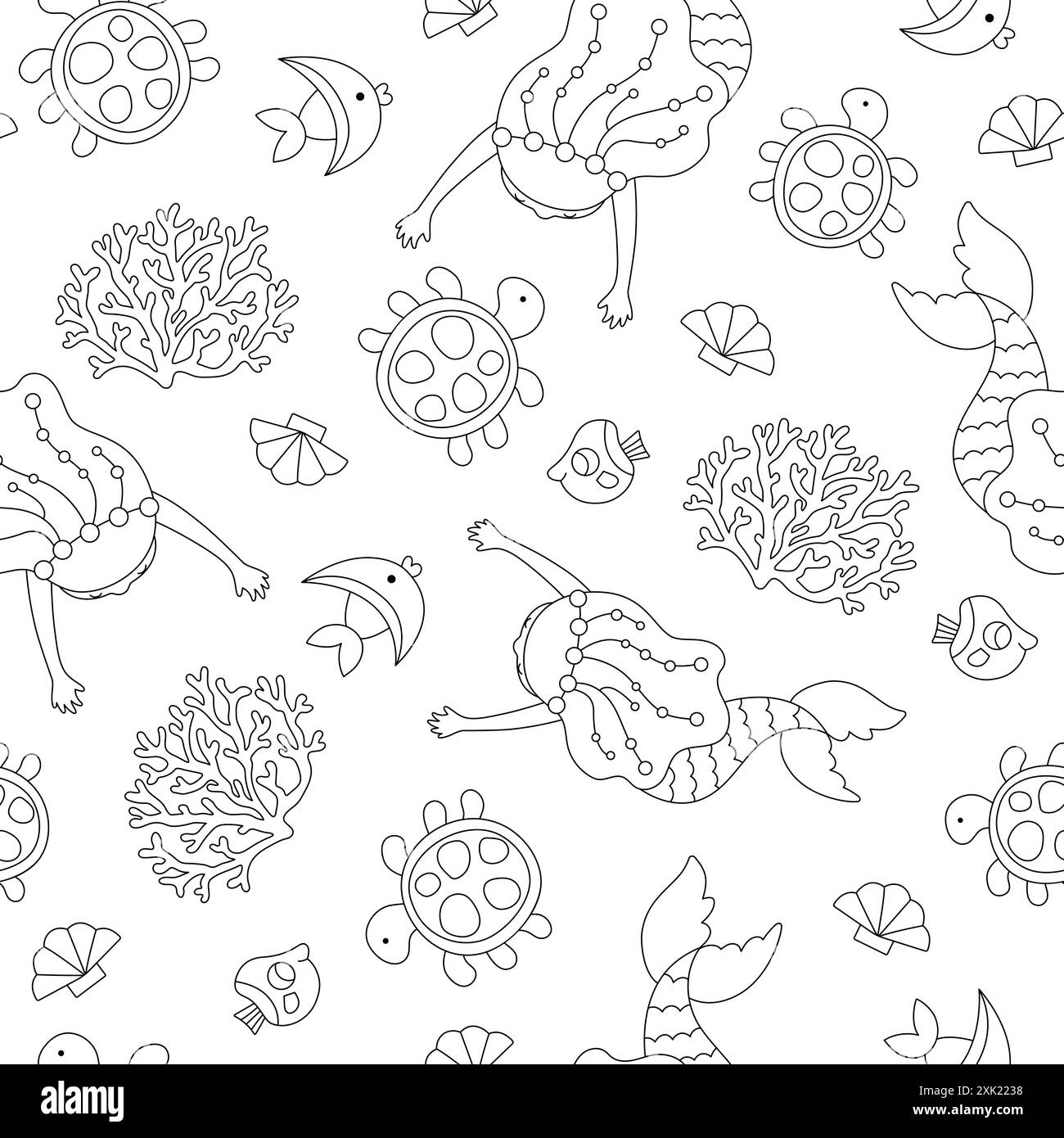 Nahtloses Muster in Schwarz und weiß der Meerjungfrauen. Unterwasser-Königreich Linie wiederholen Hintergrund mit Prinzessin, Fisch, Algen, Schildkröte, Muschel. Marine Stock Vektor