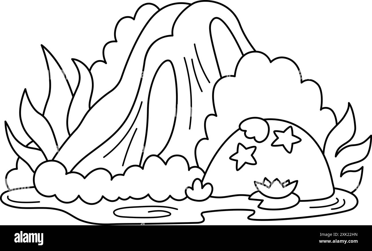 Vektor-Symbol für Schwarzweiß-Wasserfall. Illustrationen oder Ausmalseiten für Naturlandschaften. Wasserfallbild mit Grün, Bäumen, Algen, Seesta Stock Vektor