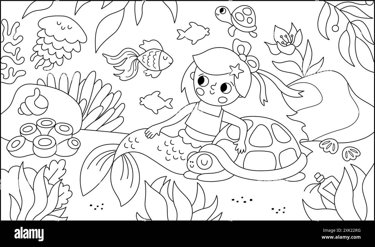 Vektor-Schwarz-weiß-Landschaft Illustration mit Meerjungfrau, die auf Sand sitzt, umarmt Schildkröte. Ozean, Meereskönigslinie Szene mit Algen, Fischen, marin Stock Vektor