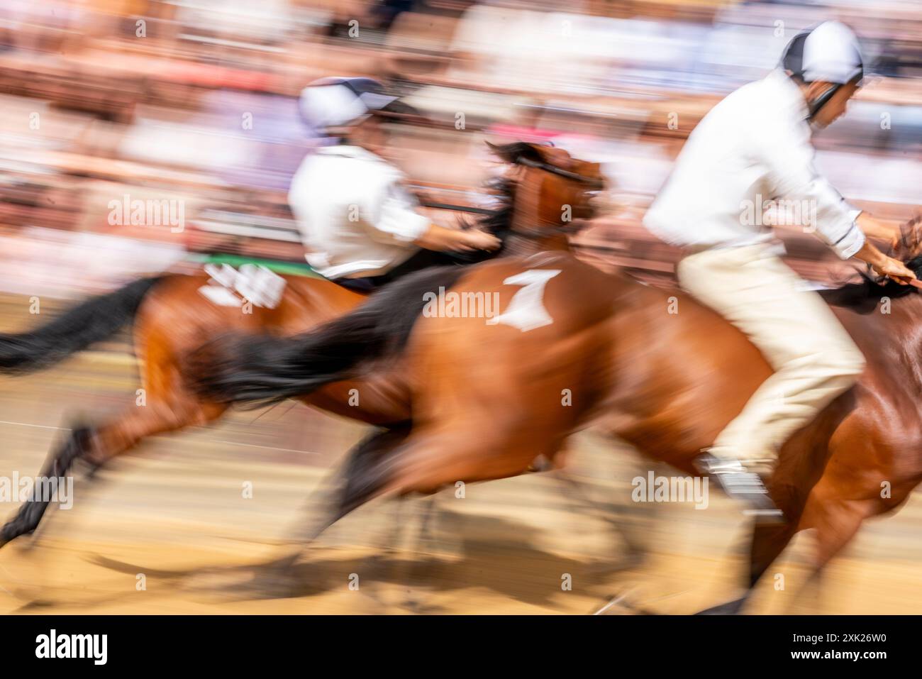 Am ersten Tag des Palio nehmen ortsansässige Jockeys und Pferde an Einer Reihe von „Batterien“ Teil. (Trials") Auf Der Piazza, Dem Palio, Siena, Italien. Stockfoto