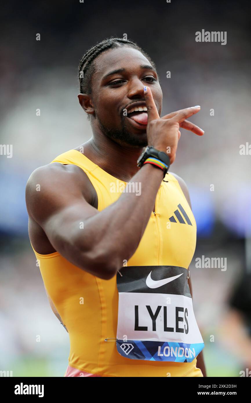 London, Großbritannien. Juli 2024. Noah LYLES (Vereinigte Staaten von Amerika) Sieger des 100-m-Finales der Männer bei der IAAF Diamond League 2024, London Stadium, Queen Elizabeth Olympic Park, Stratford, London, Großbritannien. Quelle: Simon Balson/Alamy Live News Stockfoto