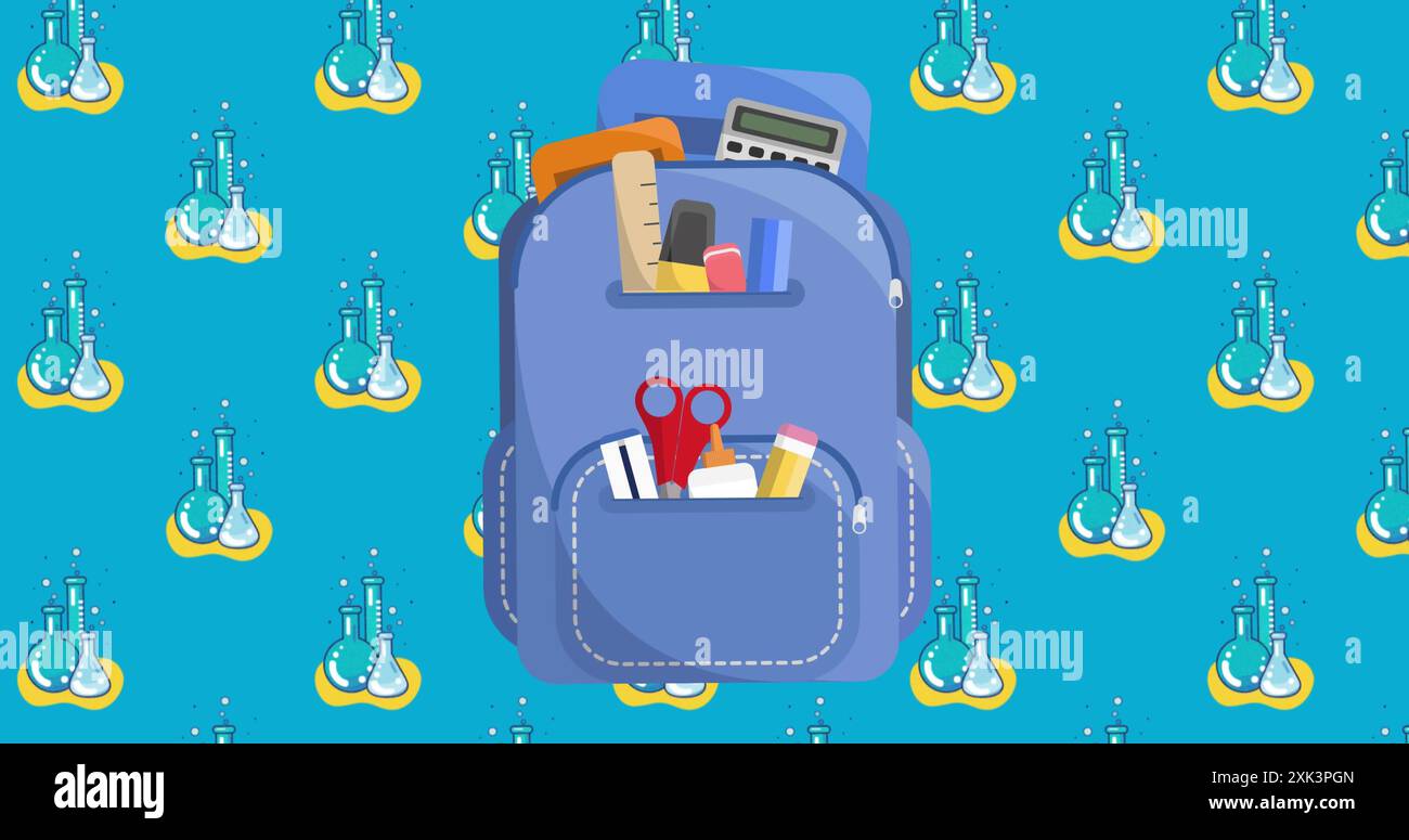 Digitales Bild des blauen Schulbeutelsymbols, das sich gegen Chemikalienbecher-Symbole auf blauem Hintergrund bewegt Stockfoto