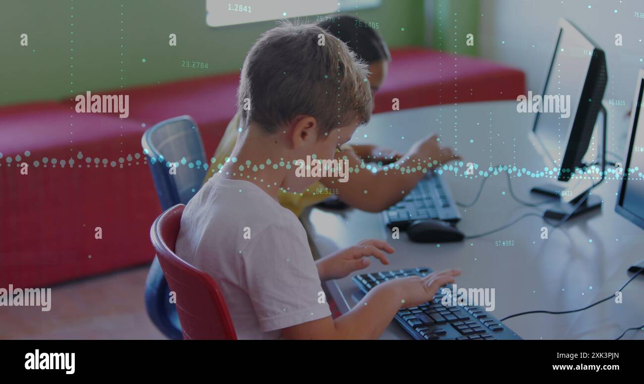 Bild von Grafiken über verschiedenen Schülern mit Computern in der Schule Stockfoto