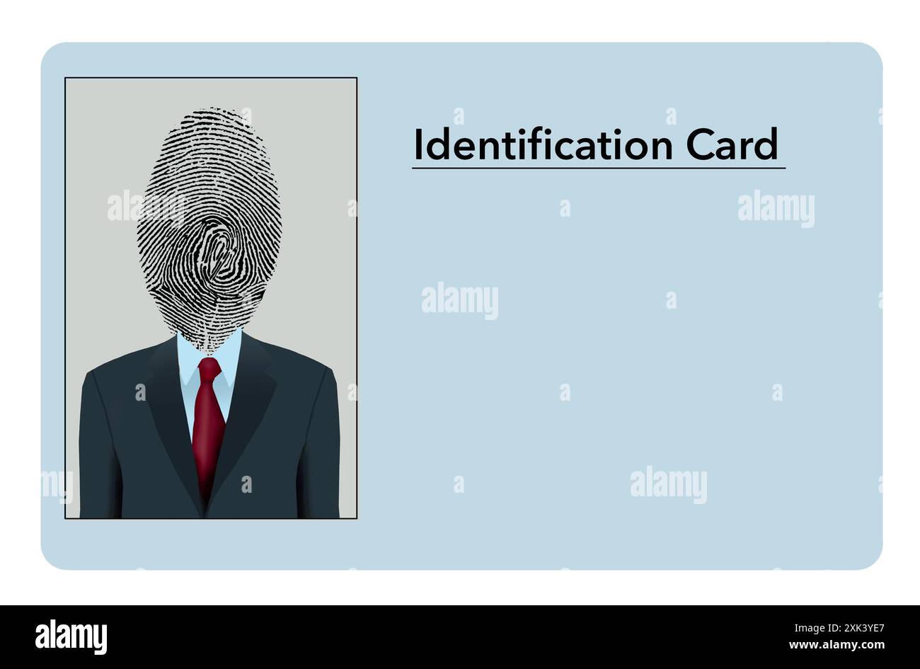 Ein Fingerabdruck ersetzt das Gesicht eines Mannes auf einer falschen Ausweiskarte mit Textbereich und Kopierraum, um Informationen hinzuzufügen. Stockfoto